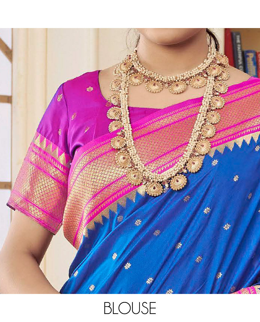 Royal Blue Semi Silk Paithani Designer Catalog Saree, Embellished with Zari Buttas, Complemented by a Contrast Traditional Zari Border, Paithani-Style Woven Pallu, and a Contrast Blouse