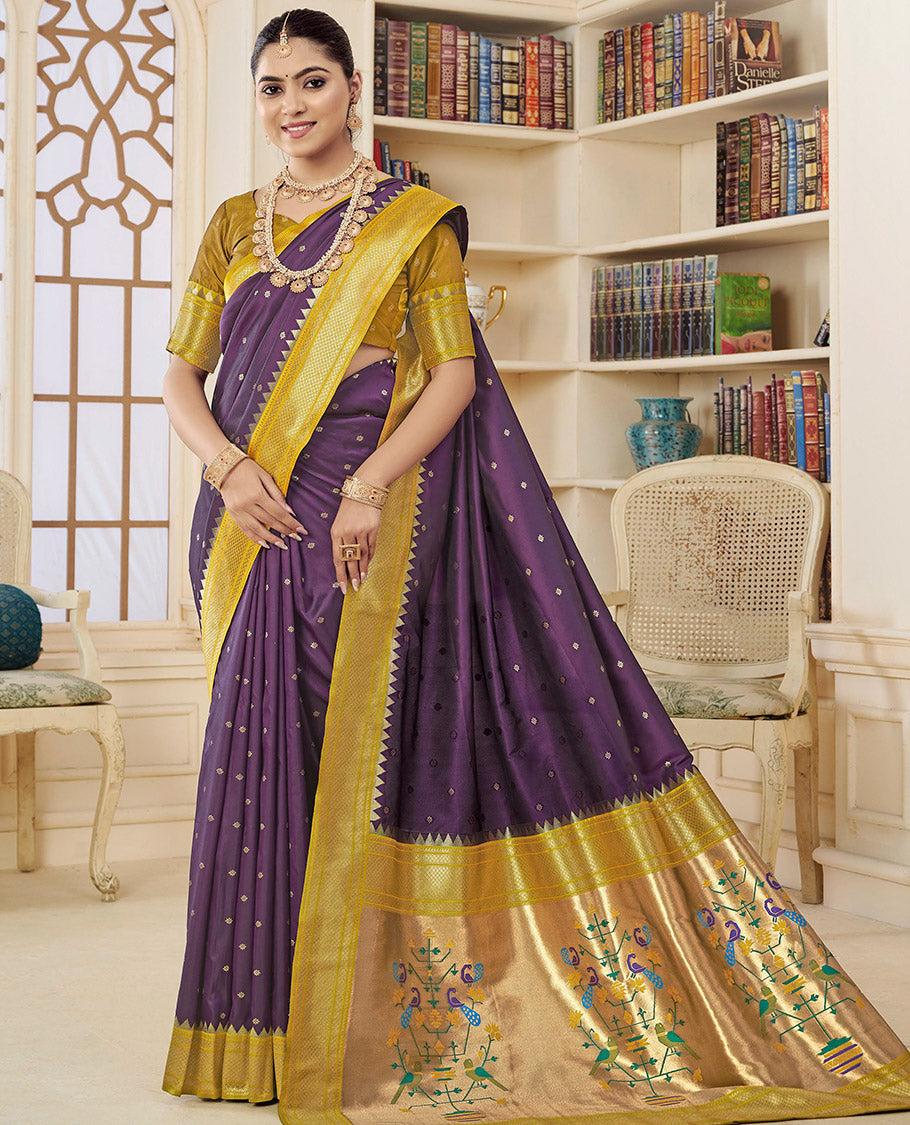 Purple Semi Silk Paithani Designer Catalog Saree, Bedecked with Zari Buttas, Complemented by a Contrast Traditional Zari Border, Paithani-Style Woven Pallu, and a Contrast Blouse