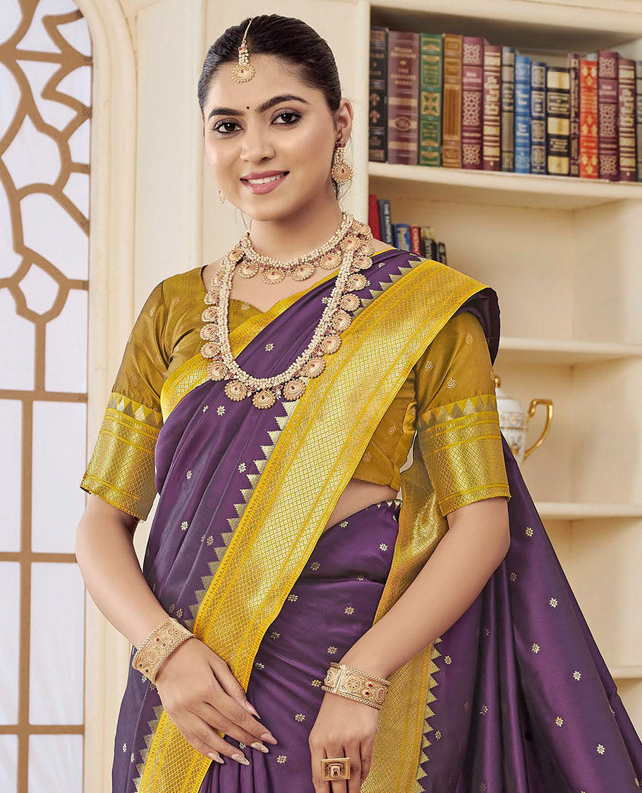 Purple Semi Silk Paithani Designer Catalog Saree, Bedecked with Zari Buttas, Complemented by a Contrast Traditional Zari Border, Paithani-Style Woven Pallu, and a Contrast Blouse