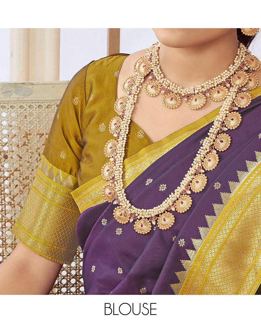 Purple Semi Silk Paithani Designer Catalog Saree, Bedecked with Zari Buttas, Complemented by a Contrast Traditional Zari Border, Paithani-Style Woven Pallu, and a Contrast Blouse