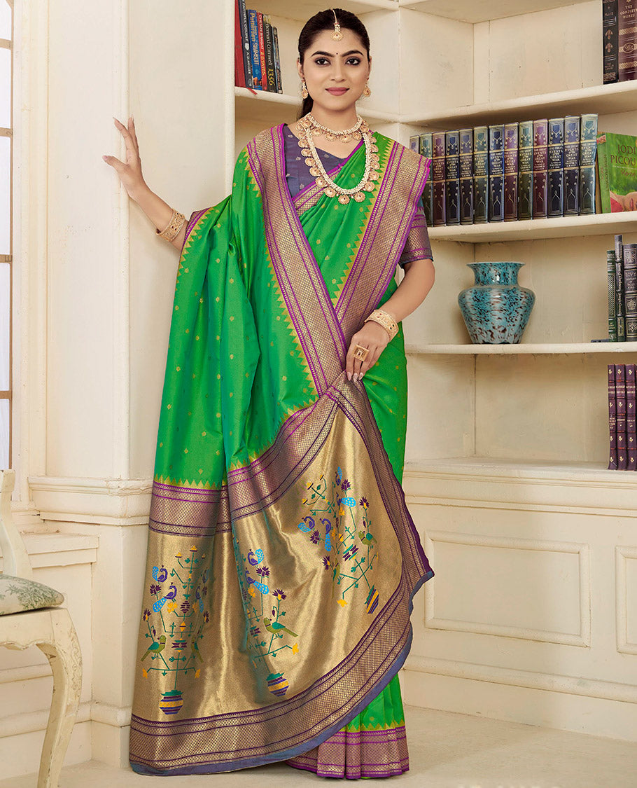 Green Semi Silk Paithani Designer Catalog Saree, Ornamented with Zari Buttas, Complemented by a Contrast Traditional Zari Border, Paithani-Style Woven Pallu, and a Contrast Blouse