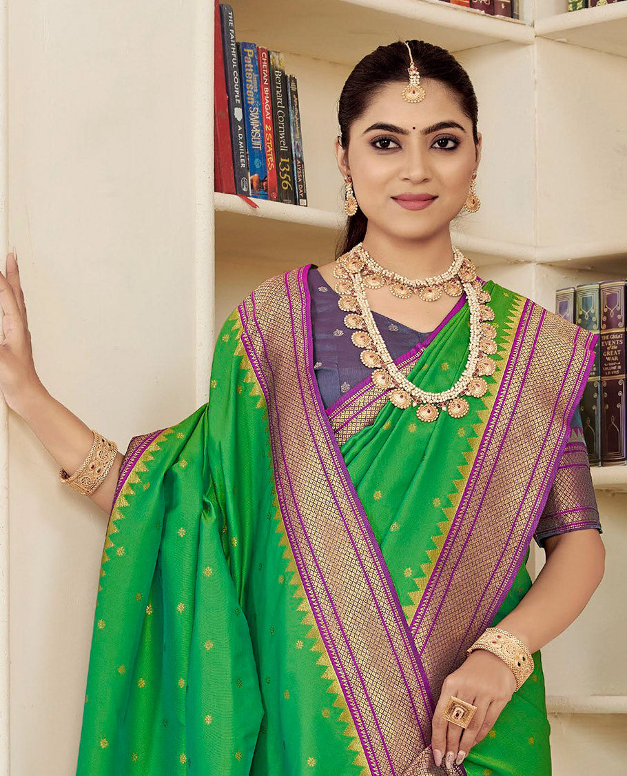 Green Semi Silk Paithani Designer Catalog Saree, Ornamented with Zari Buttas, Complemented by a Contrast Traditional Zari Border, Paithani-Style Woven Pallu, and a Contrast Blouse