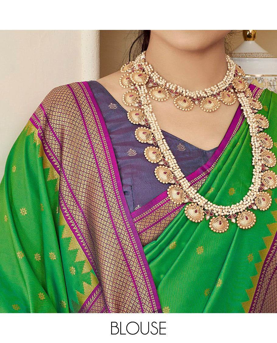 Green Semi Silk Paithani Designer Catalog Saree, Ornamented with Zari Buttas, Complemented by a Contrast Traditional Zari Border, Paithani-Style Woven Pallu, and a Contrast Blouse