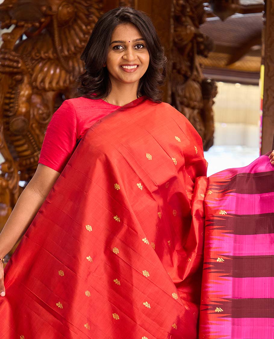 Red zari buttas Kanchipuram silk saree, contrast thazampoo rekku dual colored border of floral buttas, and zari woven pallu
