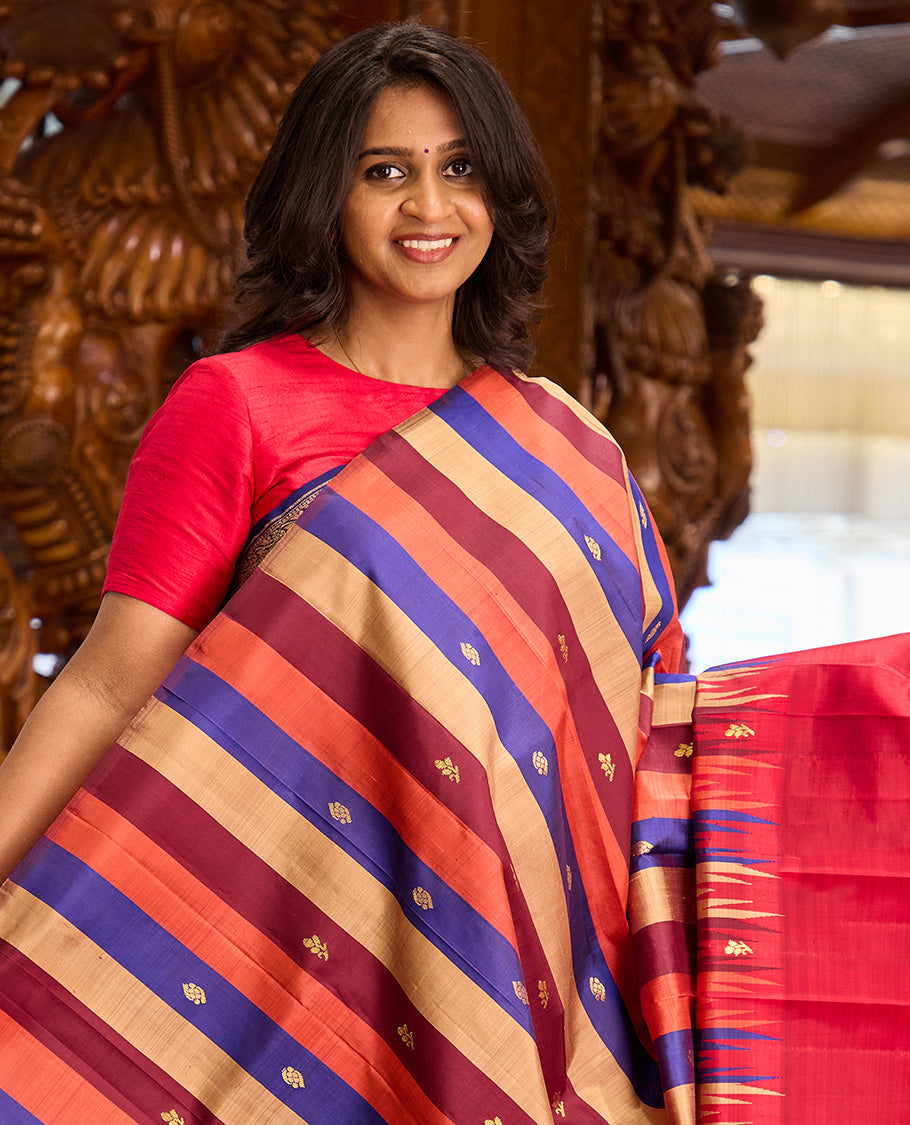 Multi-color striped with zari buttas Kanchipuram silk saree, contrast one-sided thazampoo rekku border, and zari design pallu