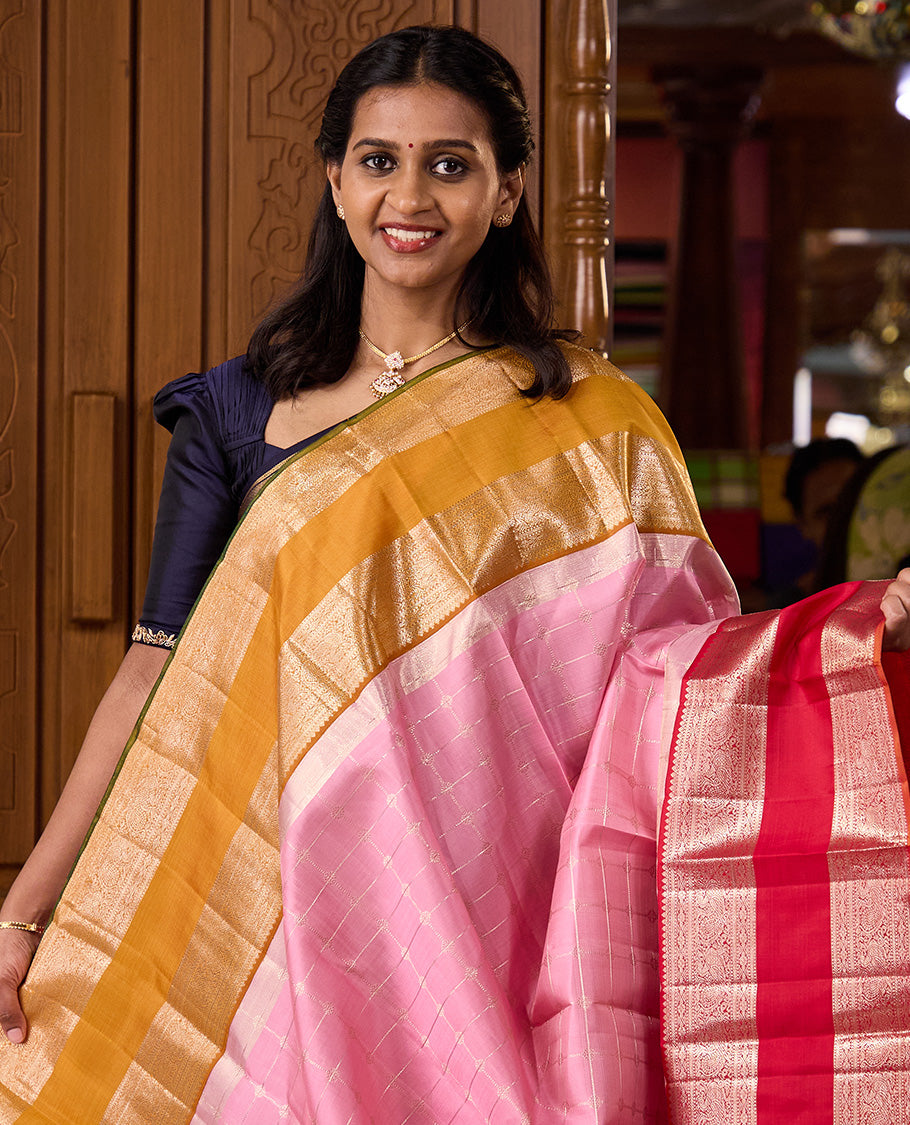 Pink zari checked Kanchipuram silk saree, contrast rettai pettu ganga jamuna border of thilakam and mayil designs, and zari woven pallu