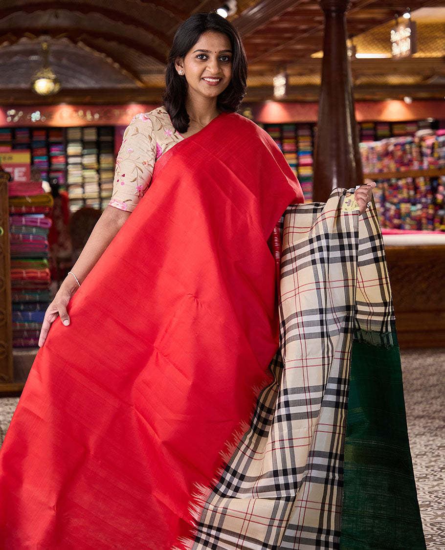 Borderless multi-color mubbagam border-style woven kanchipuram silk saree, contrast zari woven pallu