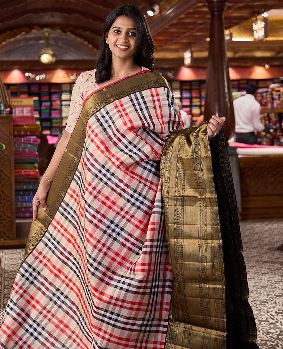Multi-color checked Kanchipuram silk saree, contrast border steeped with kathir, poun, kuyil kann and zari designs, and jaal pallu
