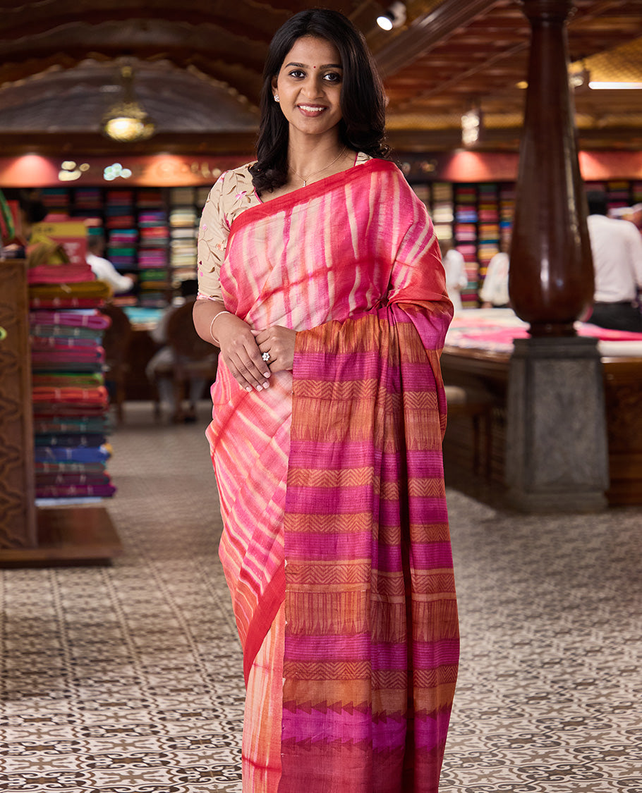 Multi-color shibori printed tussar silk saree, plain border, and pallu of temple, and chevron designs