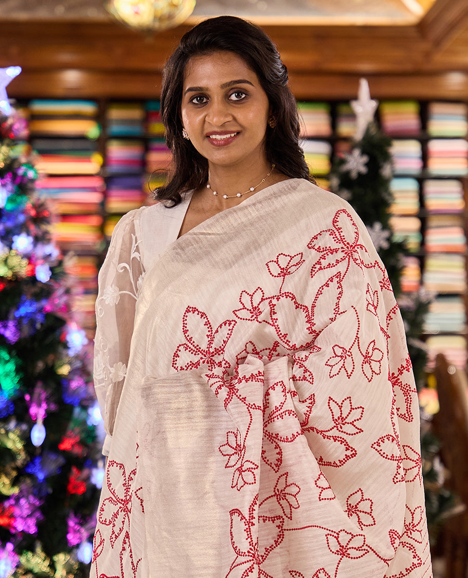 Borderless white dotted floral motifs embroidered matka silk saree, dotted embroidered striped pallu