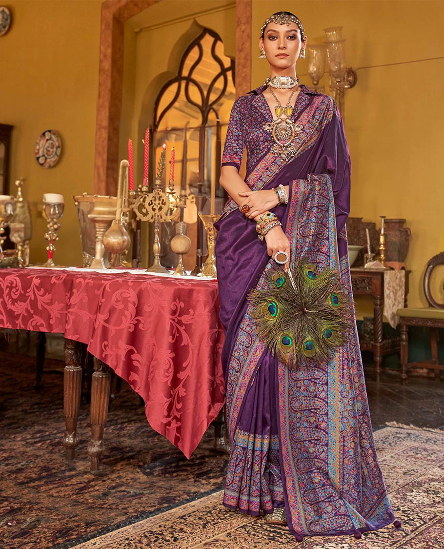 Purple plain designer catalog saree, meenakari Mugla style floral and paisleys featured border and pallu