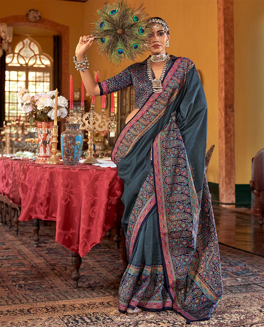 Blue plain designer catalog saree, meenakari Mugla style floral and paisleys featured border and pallu