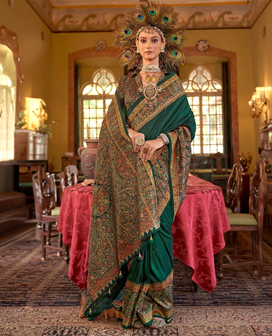 Green plain designer catalog saree, meenakari Mugla style floral and paisleys featured border and pallu