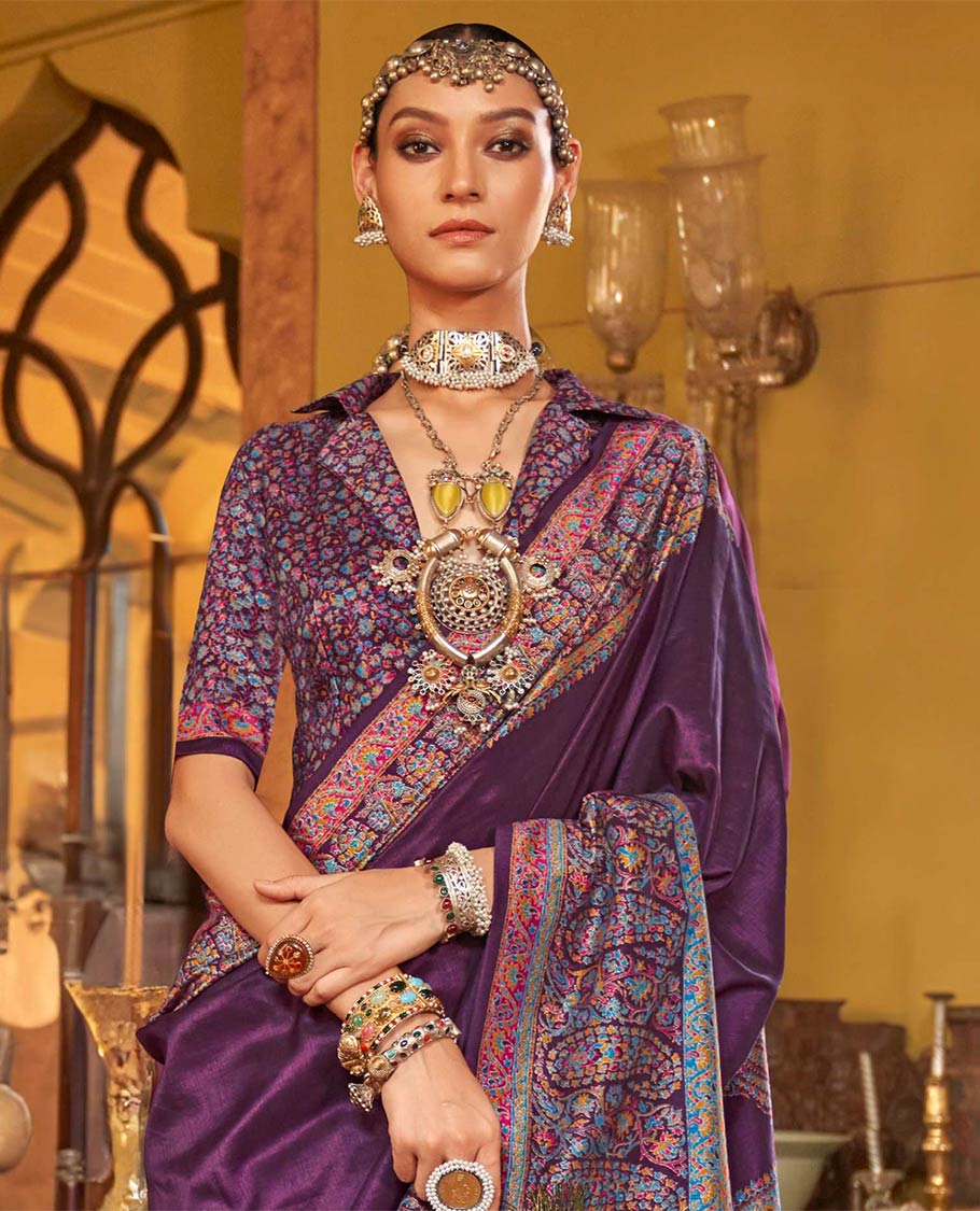 Purple plain designer catalog saree, meenakari Mugla style floral and paisleys featured border and pallu