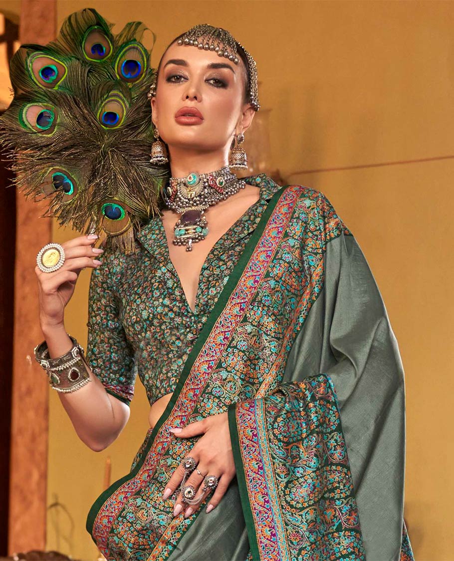 Green plain designer catalog saree, meenakari Mugla style floral and paisleys featured border and pallu