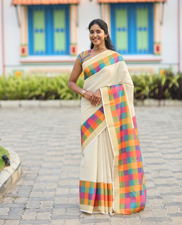 Gold Plain Kerala Tissue Cotton Saree, a Contrast Medium-Size Multi-Color Checked Border, Checked Pallu, and a Contrast Blouse