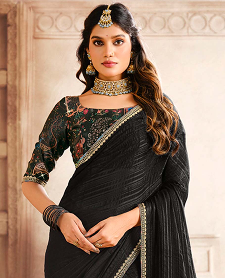 Black striped designer catalogue saree with self zari design border