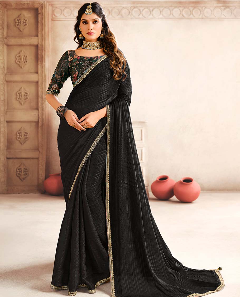 Black striped designer catalogue saree with self zari design border