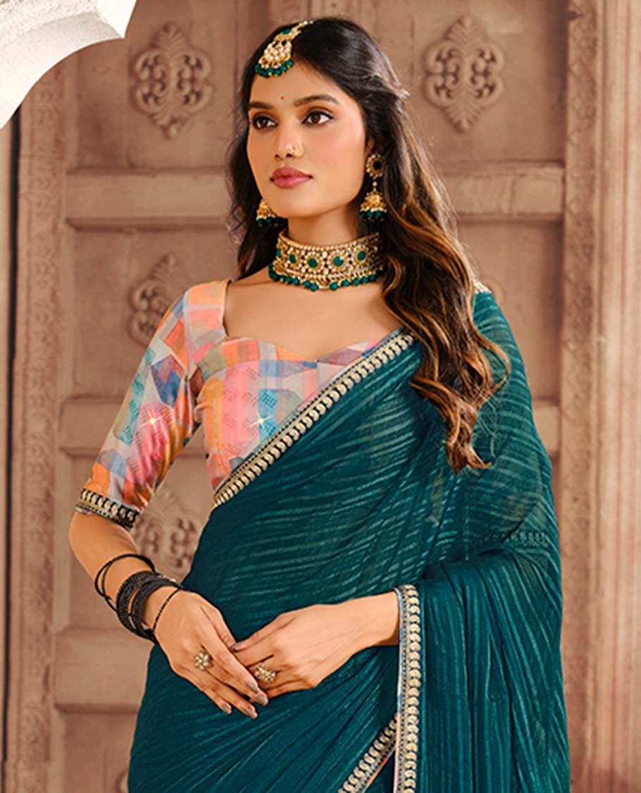 Green striped designer catalogue saree with self zari design border