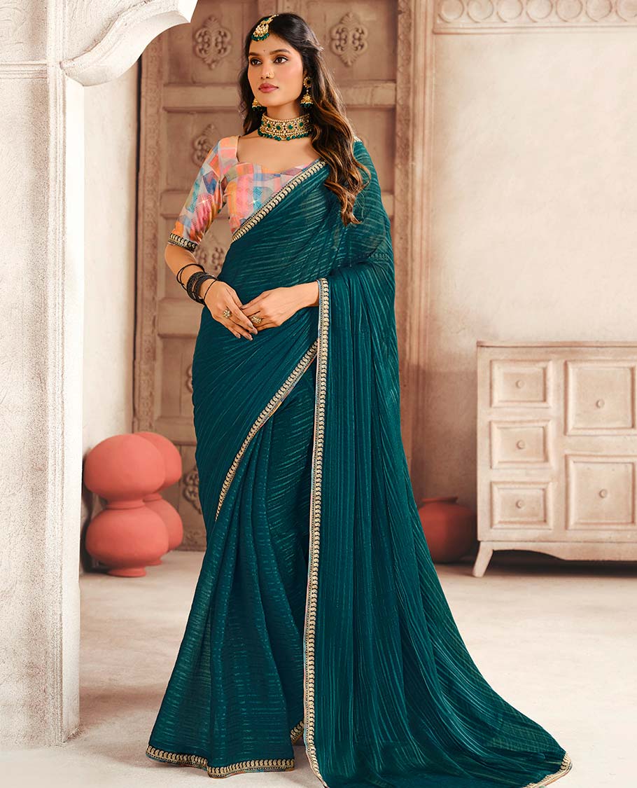 Green striped designer catalogue saree with self zari design border