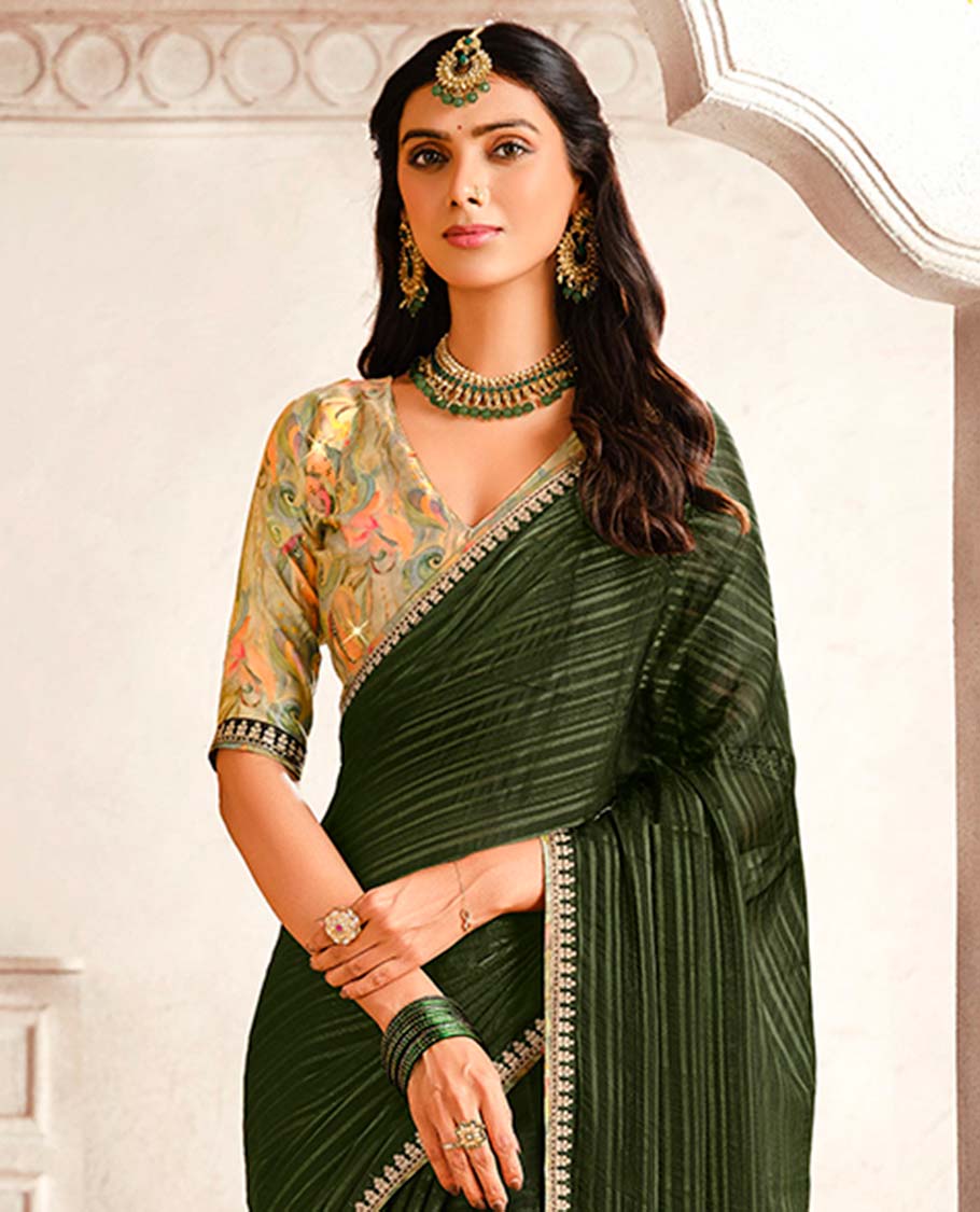 Green striped designer catalogue saree with self zari design border