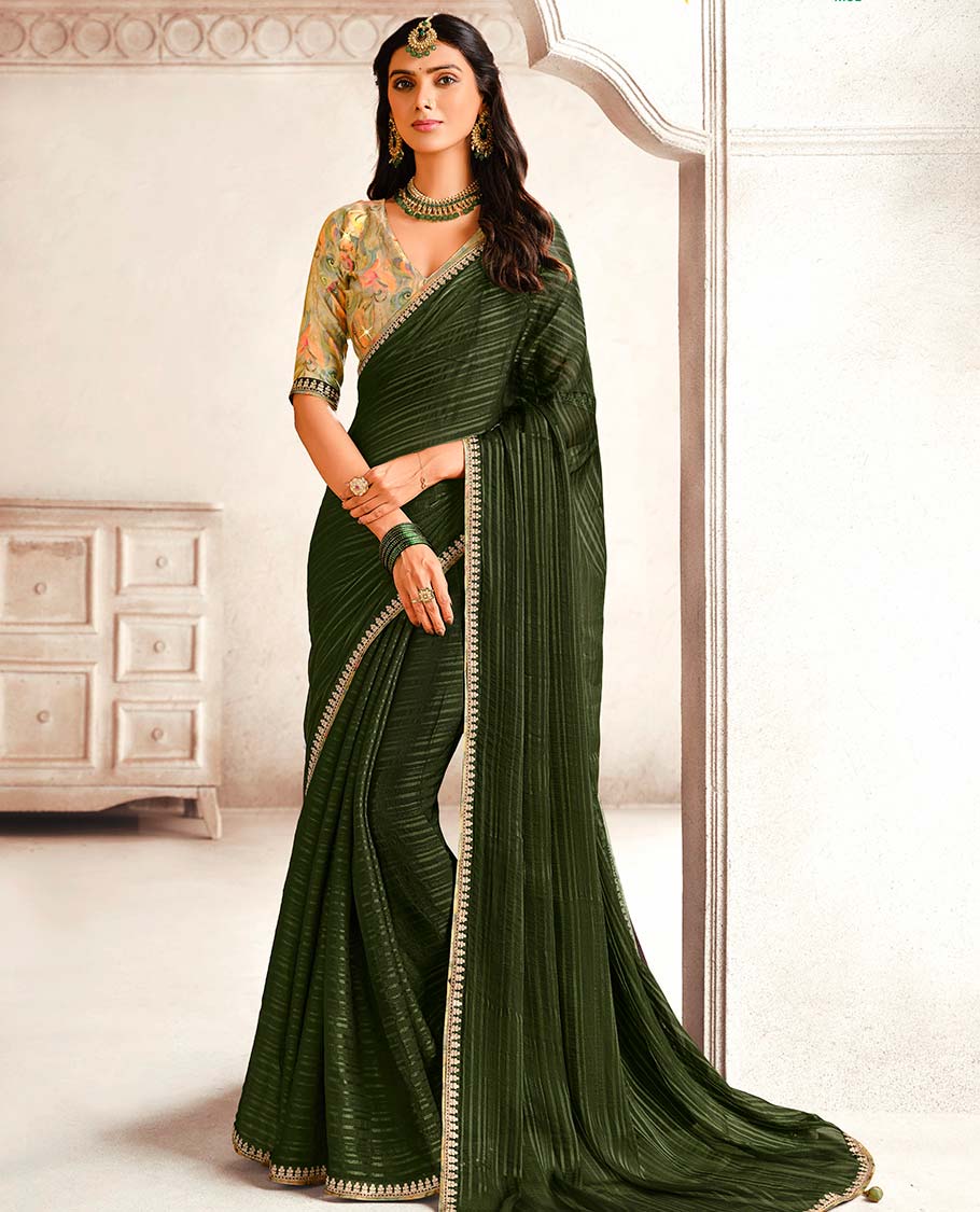 Green striped designer catalogue saree with self zari design border