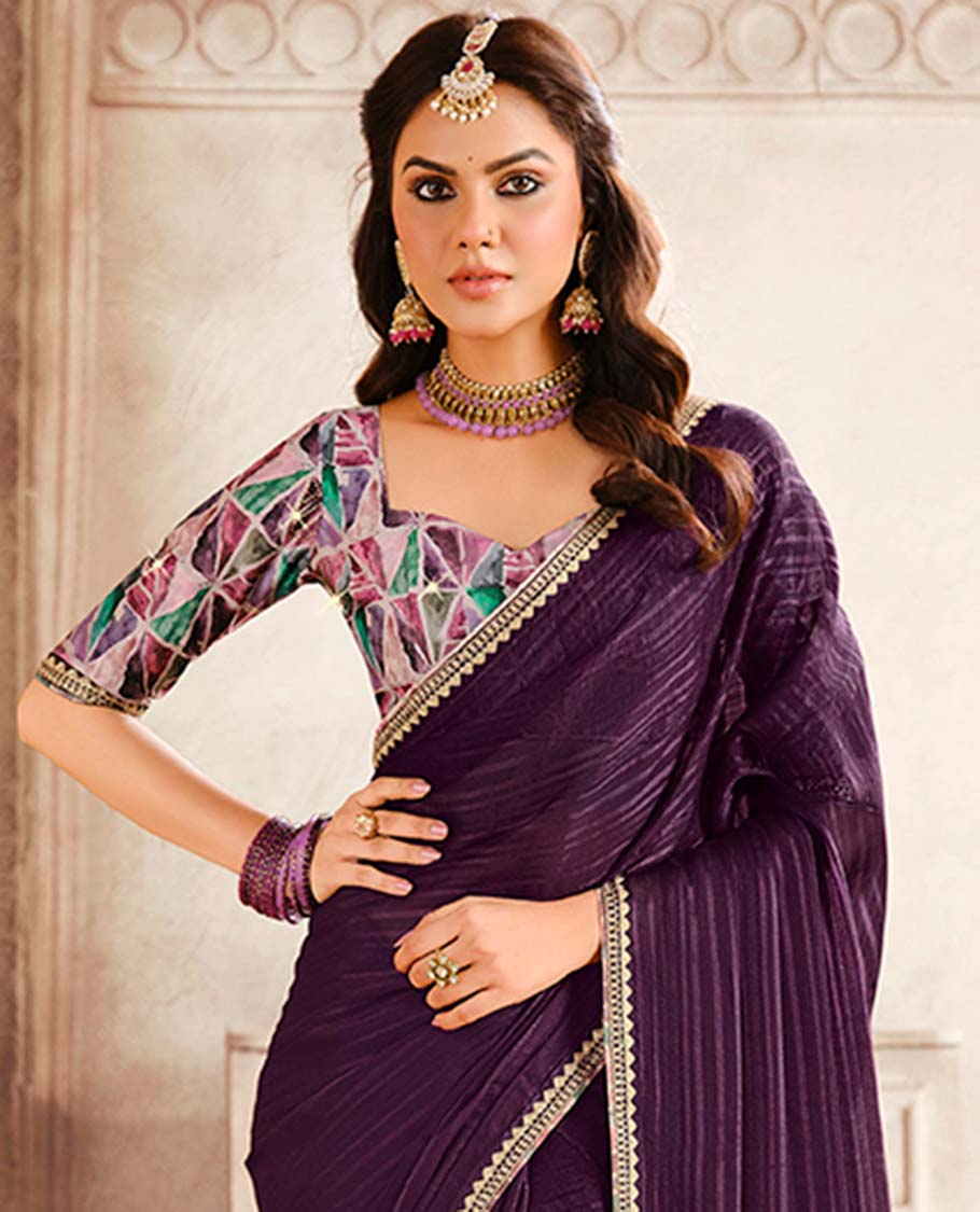 Violet striped designer catalogue saree with self zari design border