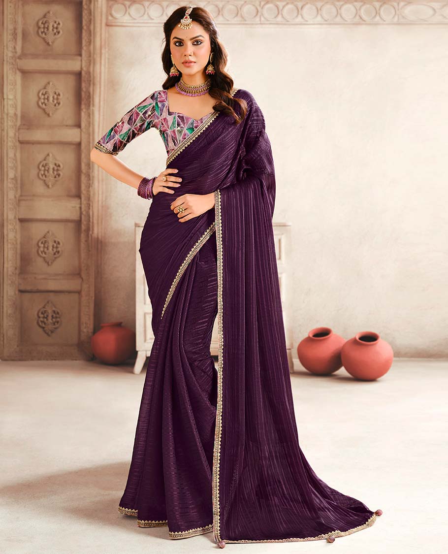 Violet striped designer catalogue saree with self zari design border