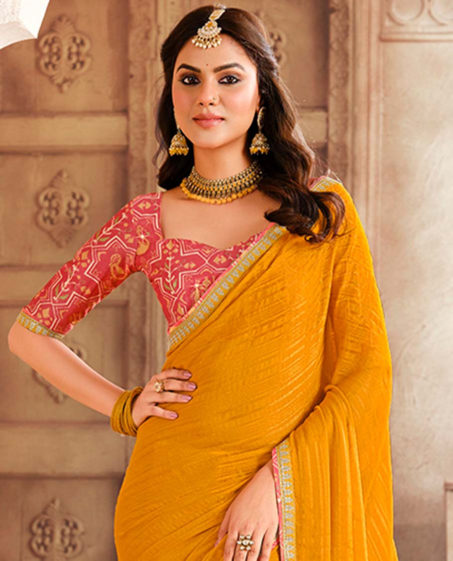 Yellow striped designer catalogue saree with self zari design border