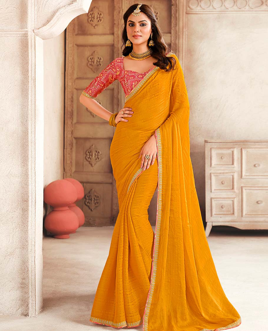 Yellow striped designer catalogue saree with self zari design border