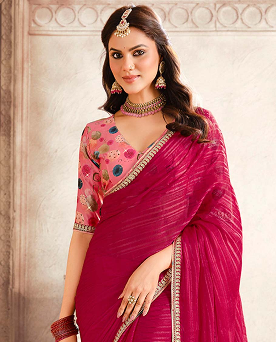Red striped designer catalogue saree with self zari design border