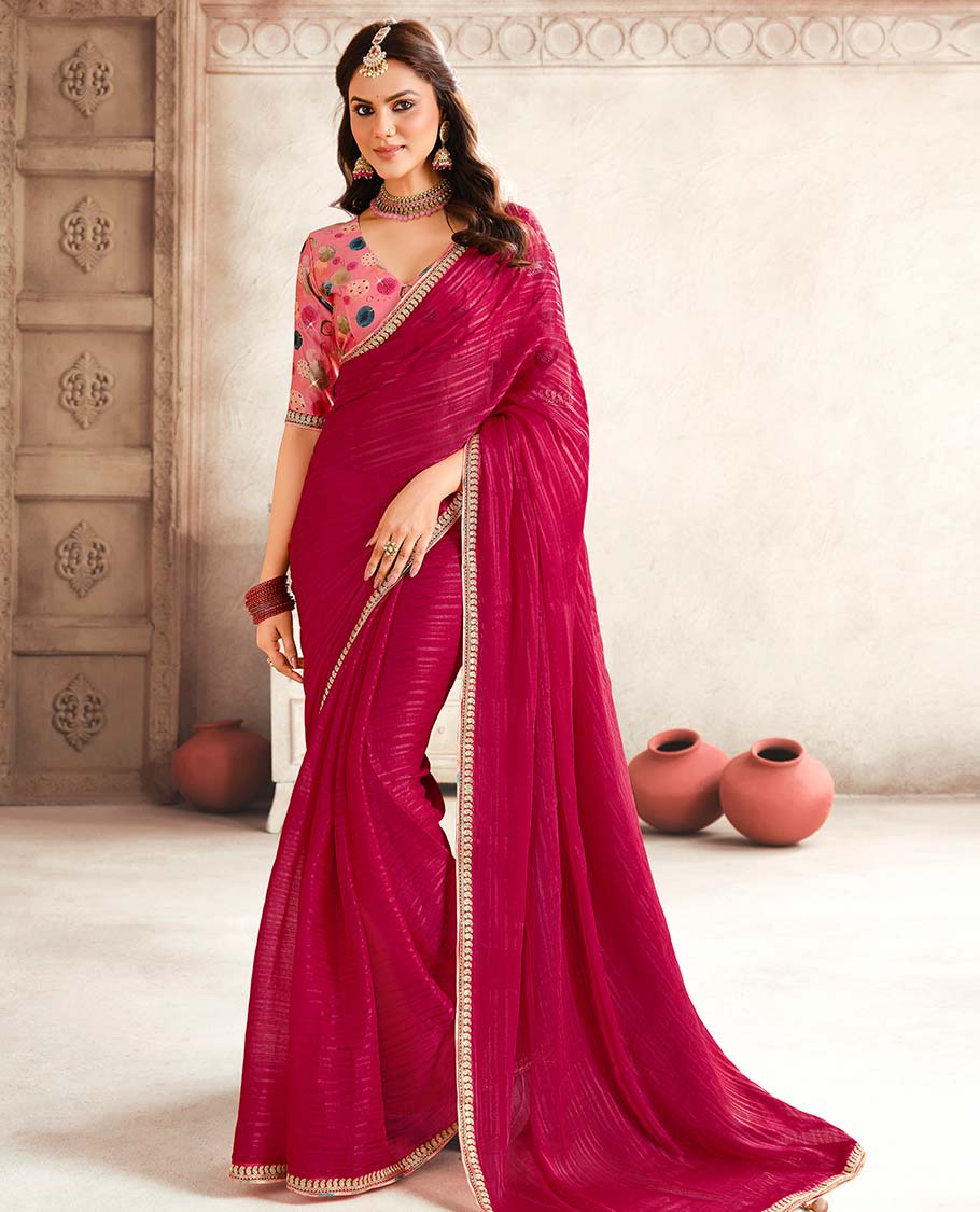 Red striped designer catalogue saree with self zari design border