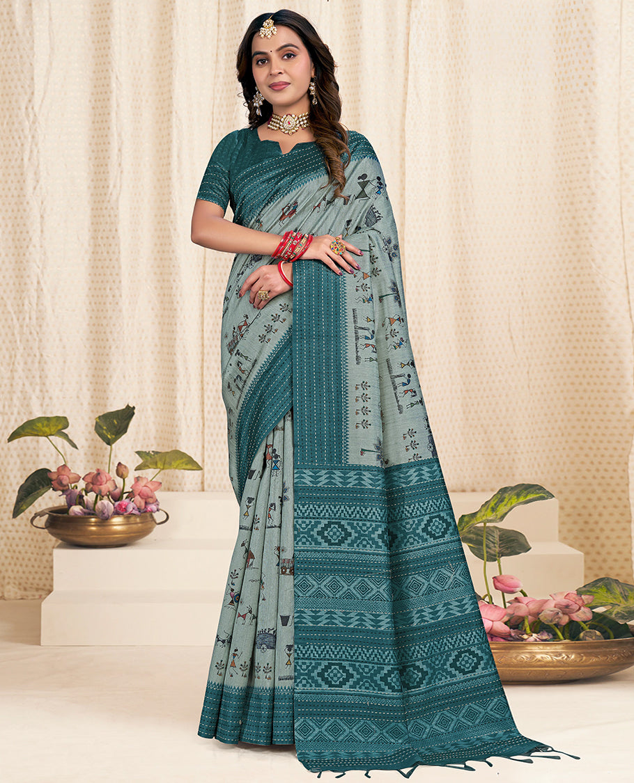 Rama Blue Fancy Tussar Designer Saree