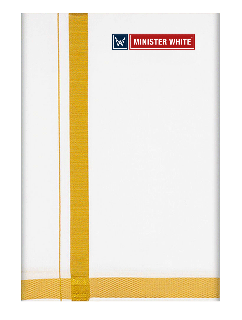 Mens Cotton White Double Layered Dhoti with 1" Gold Jari Border - Omkar