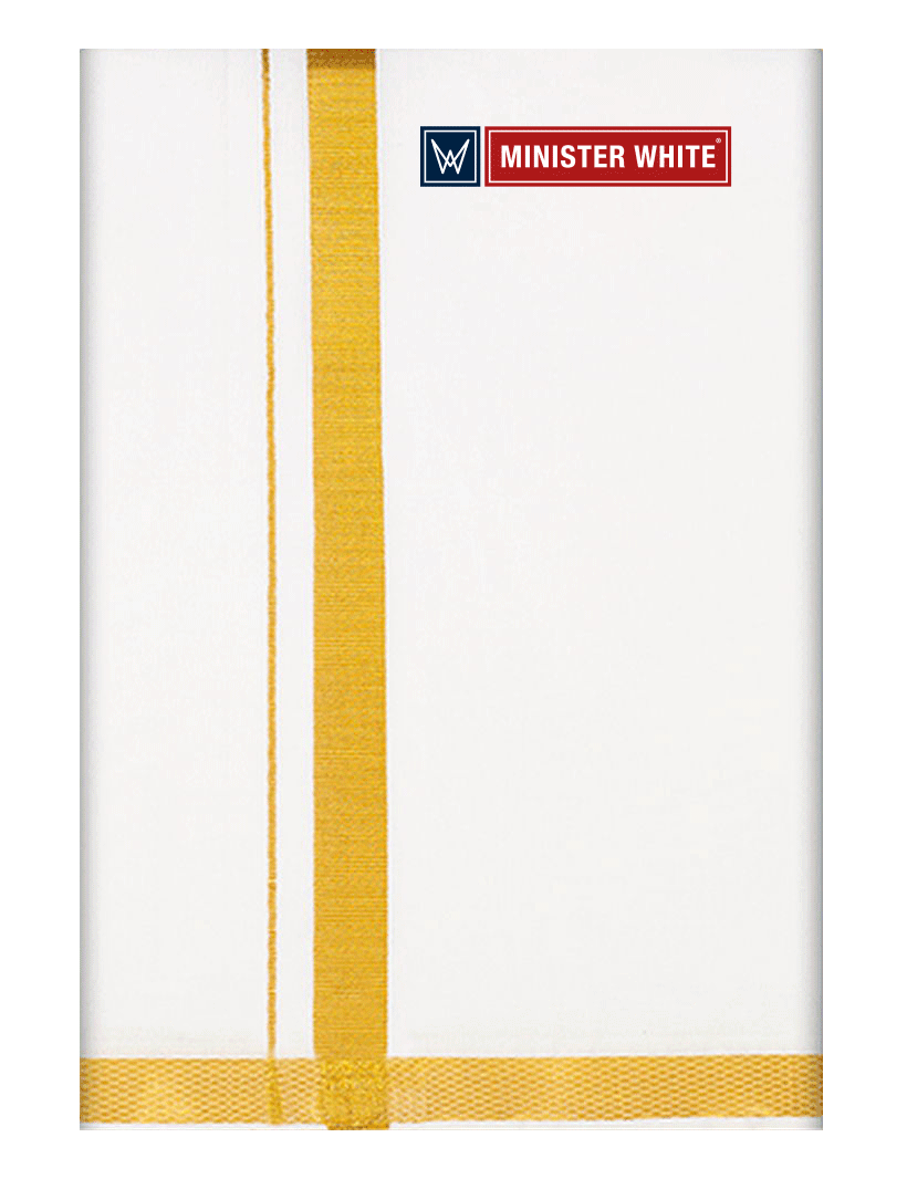 Mens Cotton White Double Layered Dhoti with 3/4" Gold Jari Border - Omkar