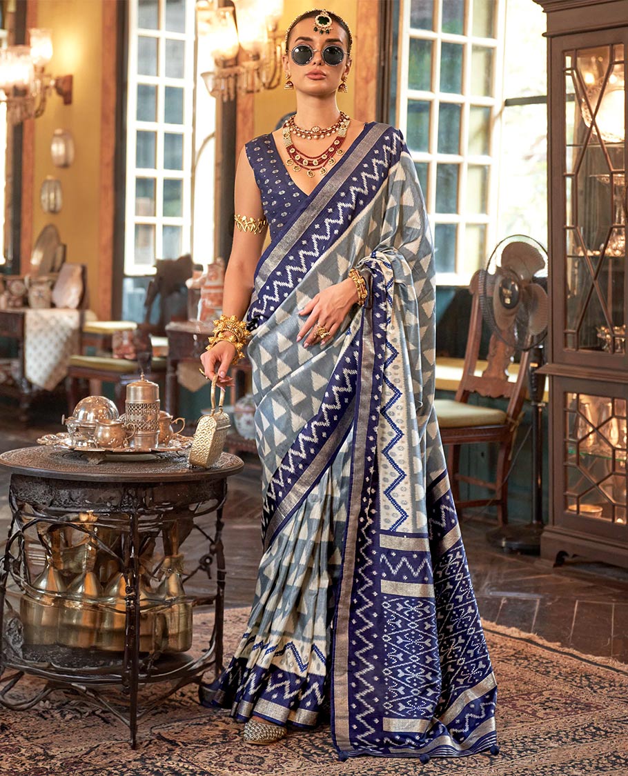 Grey triangle buttas patola designer catalog saree, contrast ikkat geometric border and pallu of ikkat jaal design