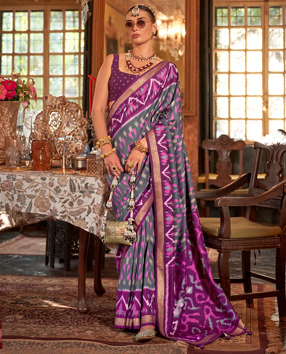 Grey ikkat buttas designer catalog saree, contrast chevron ikkat patterned border, pallu of ikkat design