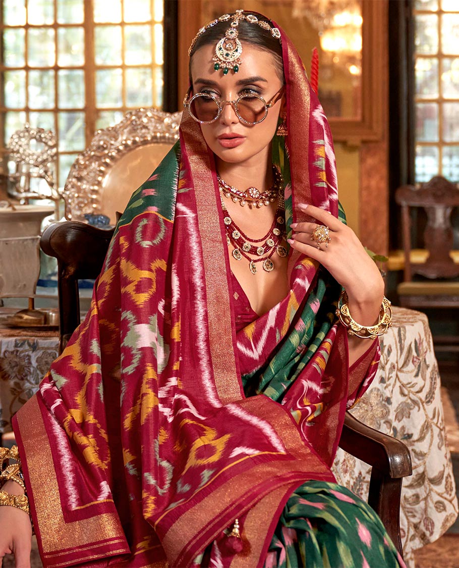 Green ikkat buttas designer catalog saree, contrast chevron ikkat patterned border, pallu of ikkat design