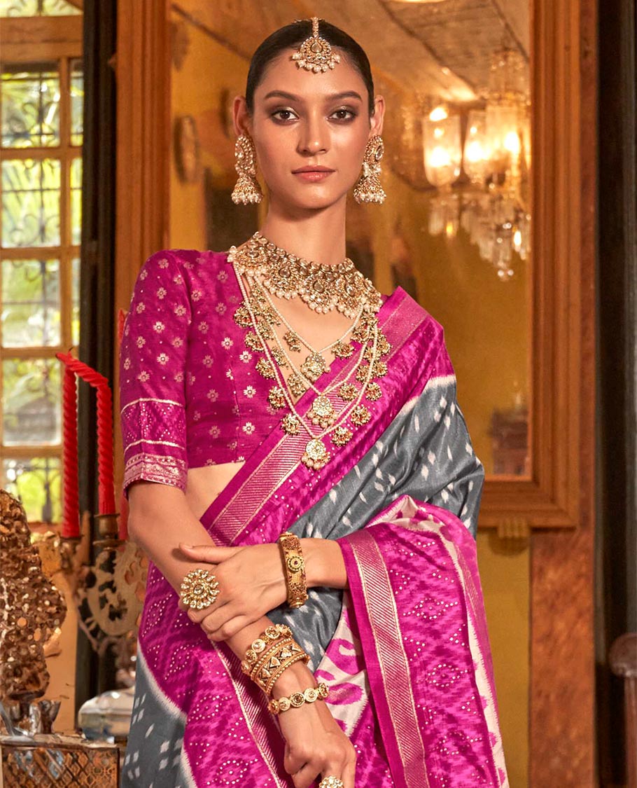 Grey diamond buttas patola designer catalog saree, contrast ikkat geometric and paisleys border and pallu of ikkat jaal design
