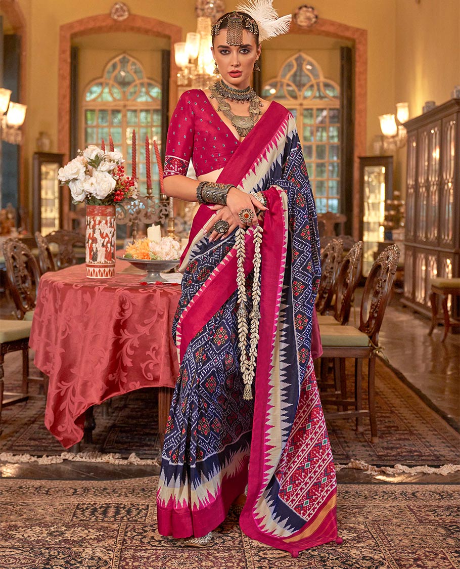 Ink blue diamond patterned patola designer catalog saree, contrast temple border, and patola design pallu