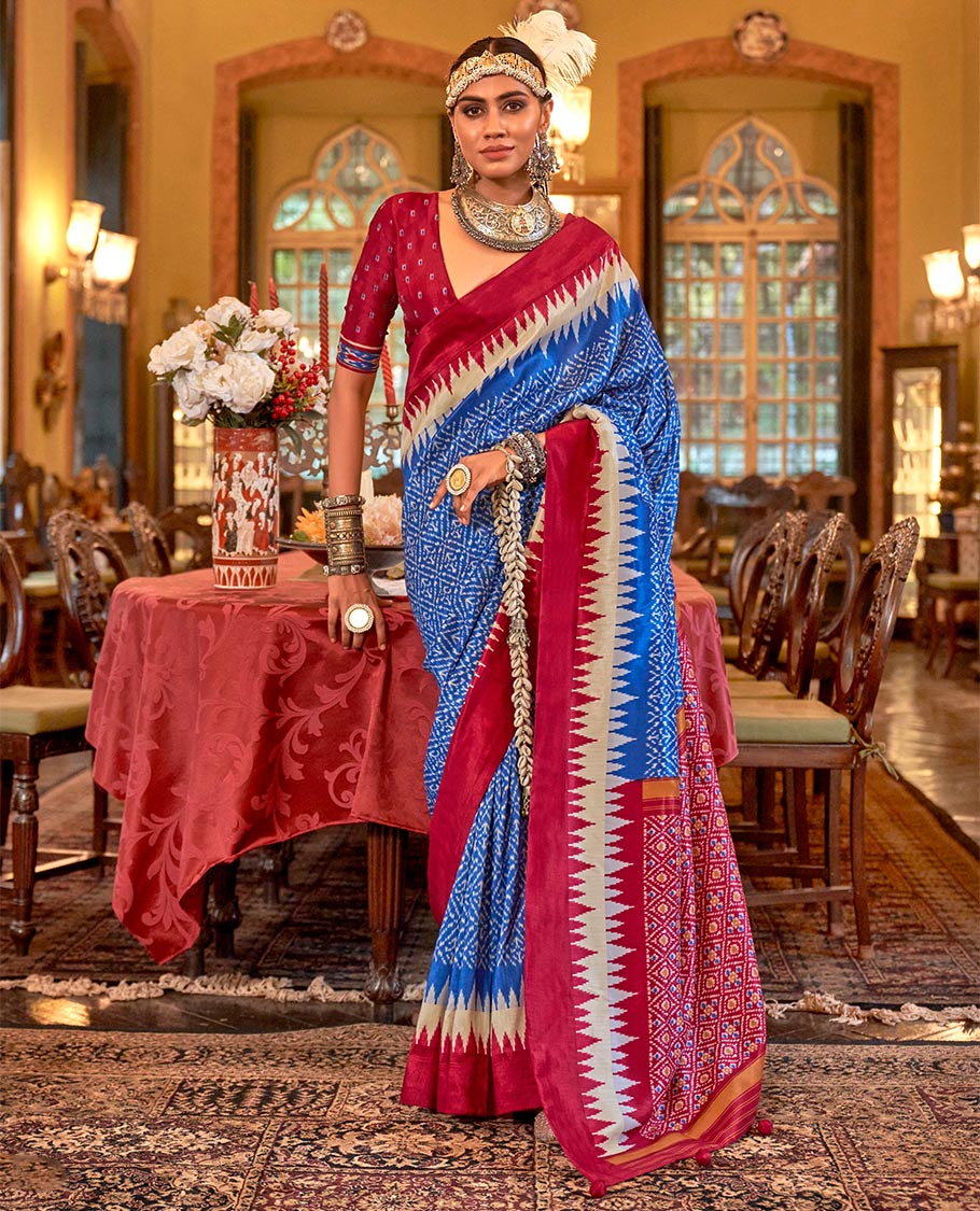 Royal blue jaal patterned patola designer catalog saree, contrast temple border, and patola design pallu