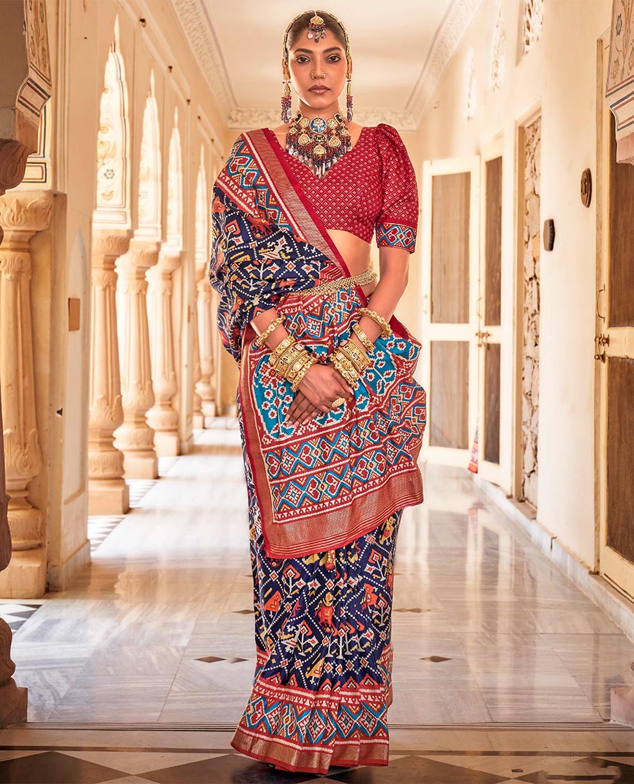 Navy blue-red buttas enclosed jaal patterned patola designer catalog saree, contrast border and pallu of patola designs