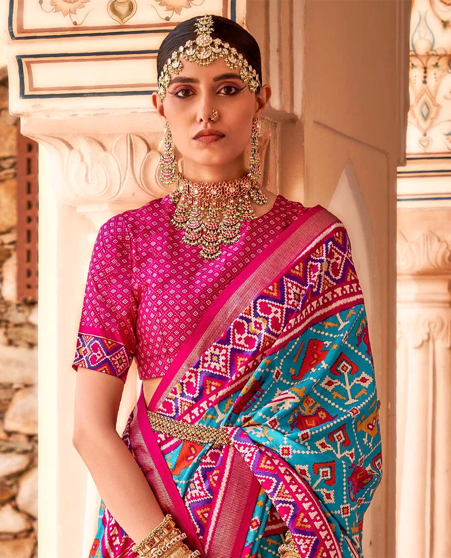 Blue-pink buttas enclosed jaal patterned patola designer catalog saree, contrast border and pallu of patola designs
