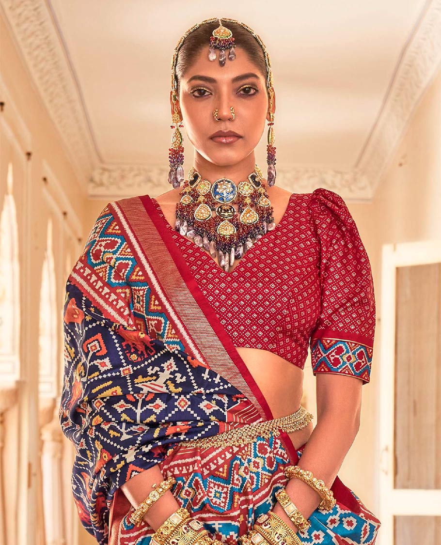 Navy blue-red buttas enclosed jaal patterned patola designer catalog saree, contrast border and pallu of patola designs