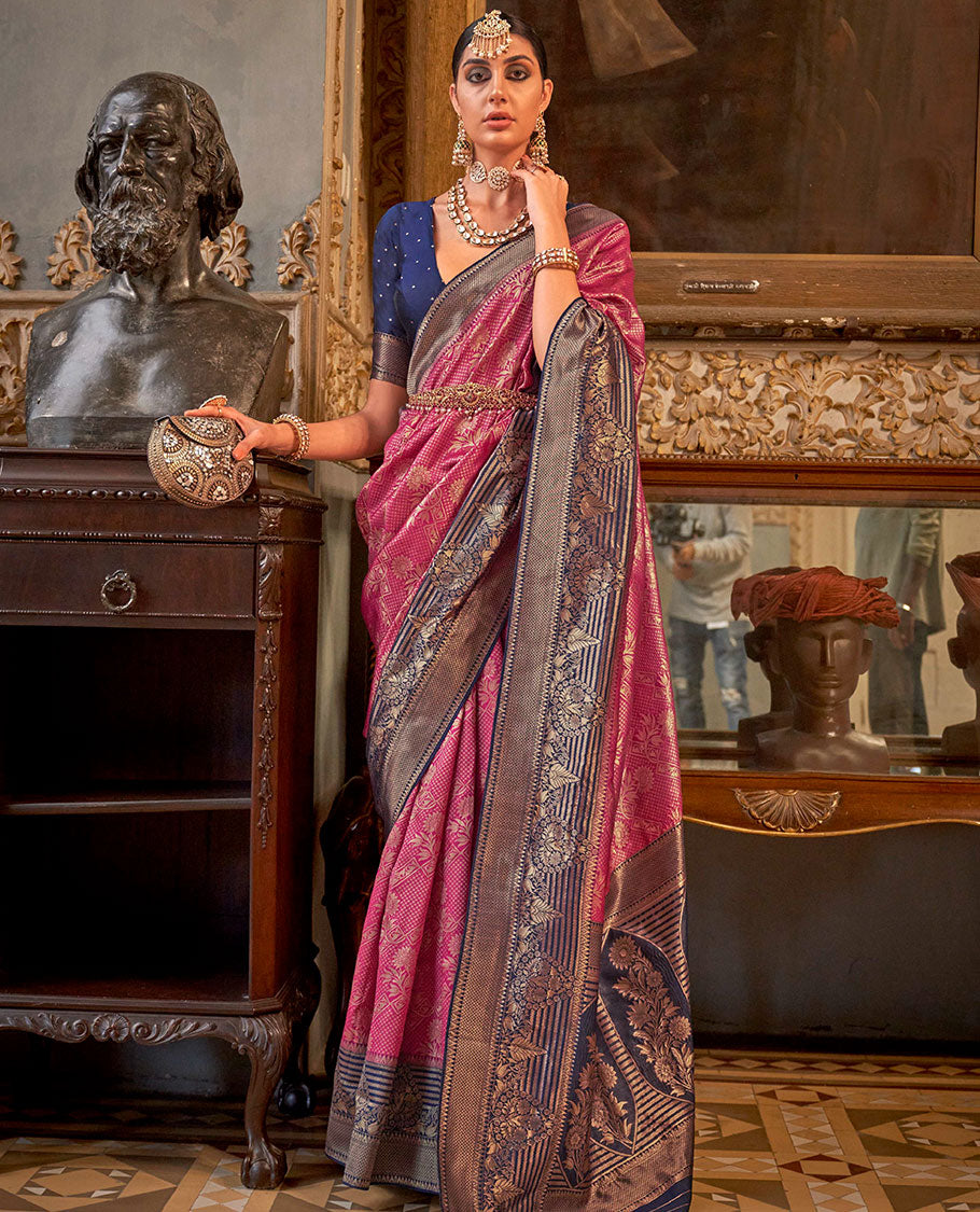 Magenta zari jacquard designer saree, contrast zari border, and contrast intricately woven pallu