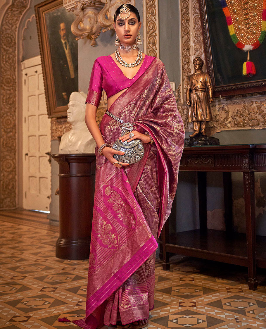 Purple zari jacquard designer saree, contrast zari border, and contrast intricately woven pallu