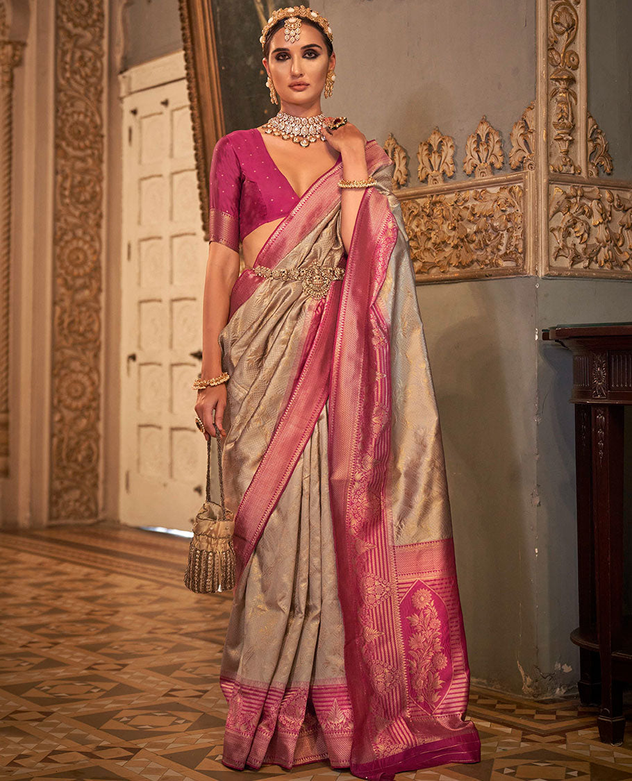 Grey zari jacquard designer saree, contrast zari border, and contrast intricately woven pallu