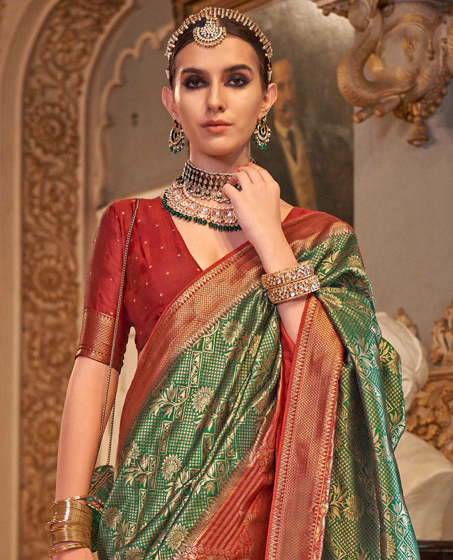 Green zari jacquard designer saree, contrast zari border, and contrast intricately woven pallu