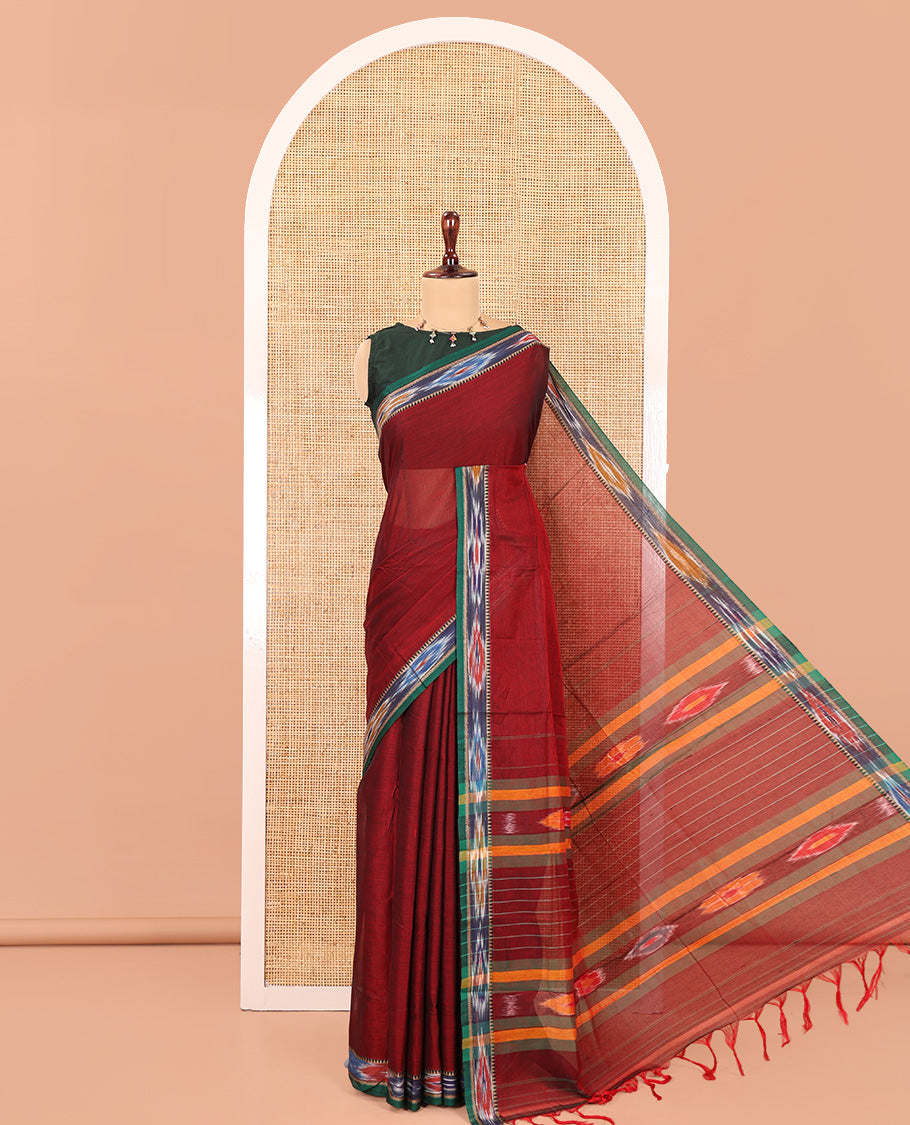 Maroon Plain Mercerised Cotton Saree, a Contrast Ikat Border, an Ikat Weave Pallu, and a Matching Blouse
