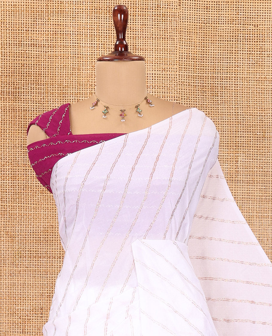 Borderless White-Purple Rangoli Chiffon Saree, Gleamed Up with Foil-Printed Leheriya Stripes, a Contrast Sequins Blouse
